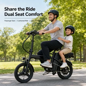 Foldable Dual Seat Electric Bike, Triple Shock Absorption Removable Battery Fold E-Bike with Dual Disc Brakes